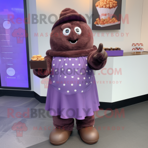 Purple Chocolates mascot costume character dressed with a Wrap Dress and Mittens