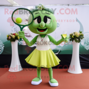 Olive Tennis Racket mascot costume character dressed with a Cocktail Dress and Brooches