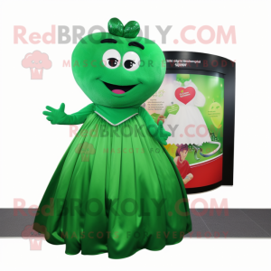 Forest Green Heart mascot costume character dressed with a Evening Gown and Coin purses