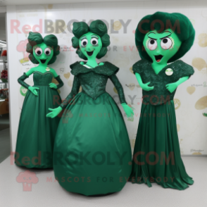 Forest Green Heart mascot costume character dressed with a Evening Gown and Coin purses