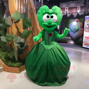 Forest Green Heart mascot costume character dressed with a Evening Gown and Coin purses