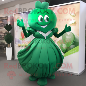 Forest Green Heart mascot costume character dressed with a Evening Gown and Coin purses