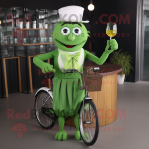 Green Unicyclist mascot costume character dressed with a Cocktail Dress and Belts