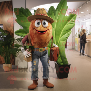 Rust Beanstalk mascot costume character dressed with a Mom Jeans and Messenger bags