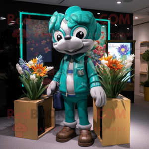 Teal Bouquet Of Flowers mascot costume character dressed with a Bomber Jacket and Briefcases