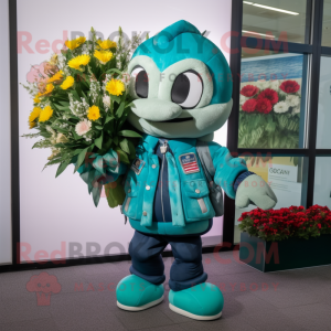 Teal Bouquet Of Flowers mascot costume character dressed with a Bomber Jacket and Briefcases