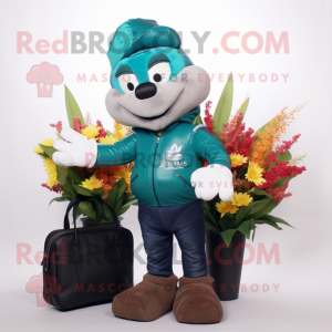 Teal Bouquet Of Flowers mascot costume character dressed with a Bomber Jacket and Briefcases