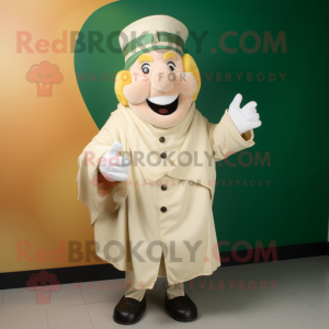 Cream Leprechaun mascot costume character dressed with a Jacket and Wraps