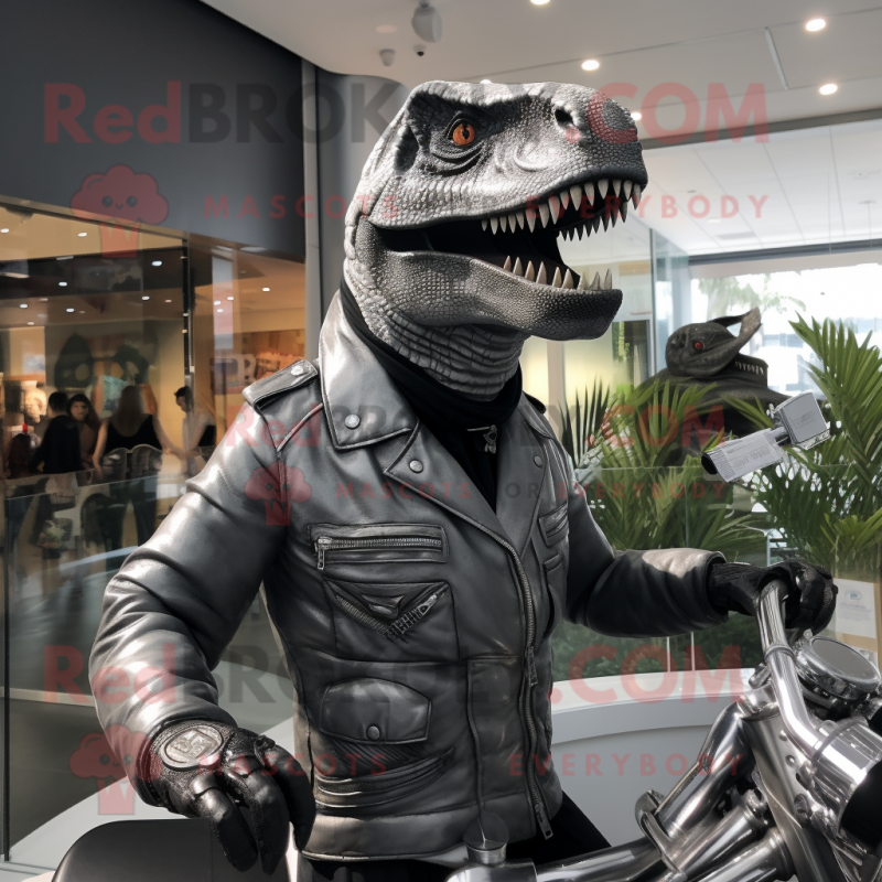 Silver Allosaurus mascot costume character dressed with a Moto Jacket and Berets