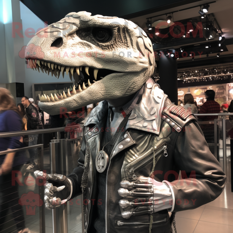 Silver Allosaurus mascot costume character dressed with a Moto Jacket and Berets