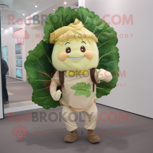Beige Cabbage Leaf mascot costume character dressed with a Flare Jeans and Backpacks