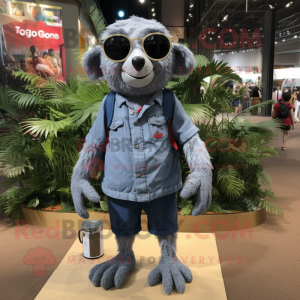 Silver Sloth mascot costume character dressed with a Denim Shorts and Eyeglasses