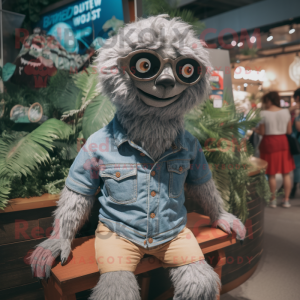 Silver Sloth mascot costume character dressed with a Denim Shorts and Eyeglasses