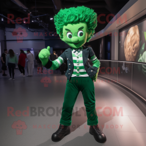 Green Irish Dancer mascot costume character dressed with a Skinny Jeans and Tie pins