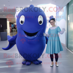 Olive Blue Whale mascot costume character dressed with a Evening Gown and Smartwatches