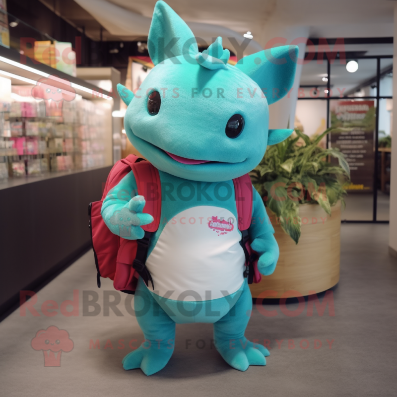 Turquoise Axolotls mascot costume character dressed with a T-Shirt and Wallets