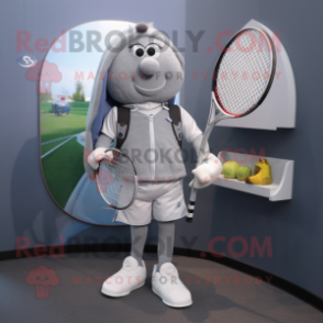 Gray Tennis Racket mascot costume character dressed with a Vest and Lapel pins