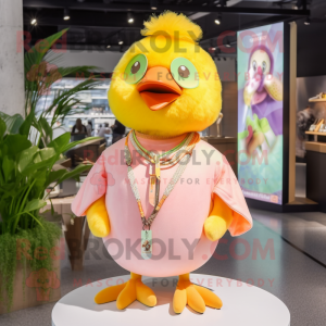 Peach Canary mascot costume character dressed with a Graphic Tee and Necklaces