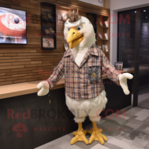 Cream Chicken mascot costume character dressed with a Flannel Shirt and Keychains