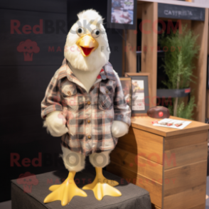 Cream Chicken mascot costume character dressed with a Flannel Shirt and Keychains