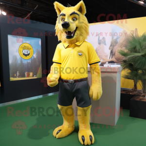 Lemon Yellow Werewolf mascot costume character dressed with a Polo Shirt and Lapel pins