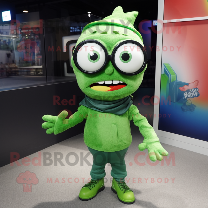 Green Cod mascot costume character dressed with a Bodysuit and Eyeglasses