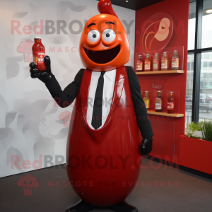 Red Bottle Of Ketchup mascot costume character dressed with a Suit Jacket and Wraps