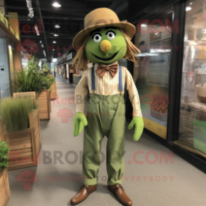 Olive Scarecrow mascot costume character dressed with a Jumpsuit and Bow ties