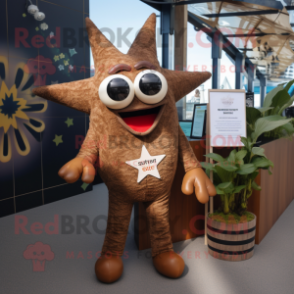 Brown Starfish mascot costume character dressed with a Playsuit and Sunglasses