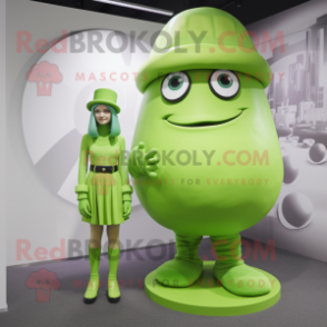 Lime Green Cyclops mascot costume character dressed with a Midi Dress and Berets