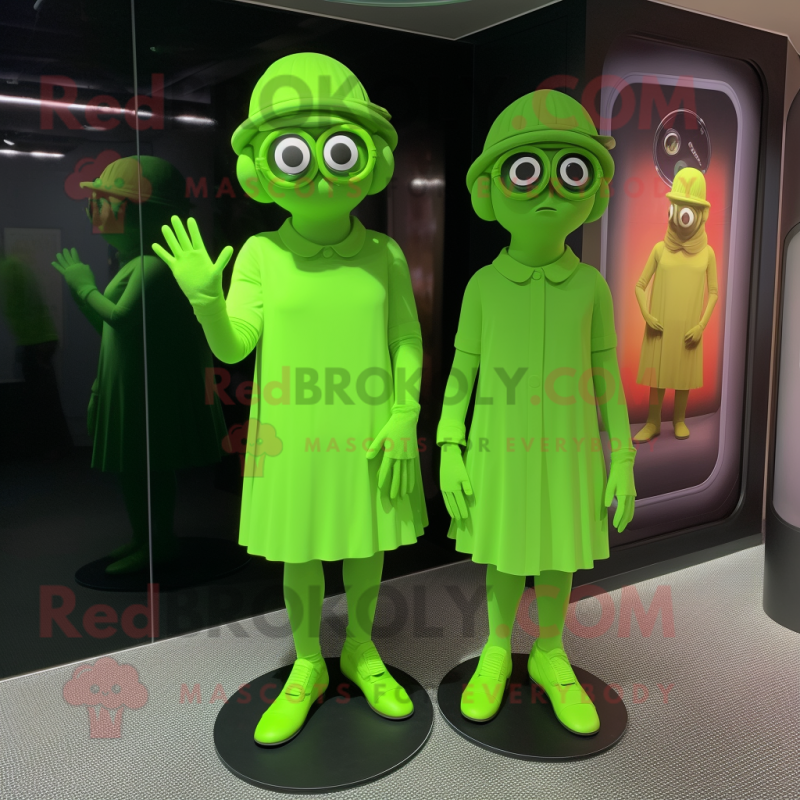 Lime Green Cyclops mascot costume character dressed with a Midi Dress and Berets