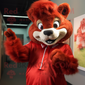 Red Skunk mascot costume character dressed with a Blouse and Rings