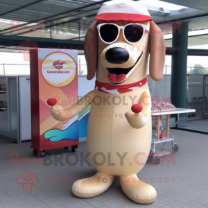 Beige Hot Dogs mascot costume character dressed with a Skirt and Sunglasses