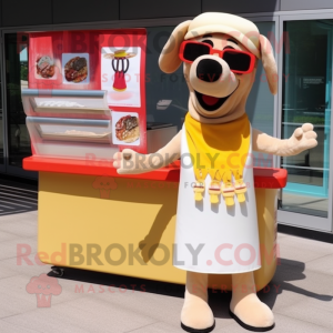 Beige Hot Dogs mascot costume character dressed with a Skirt and Sunglasses