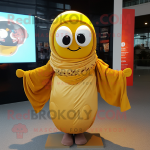 Gold Shakshuka mascot costume character dressed with a Parka and Scarf clips