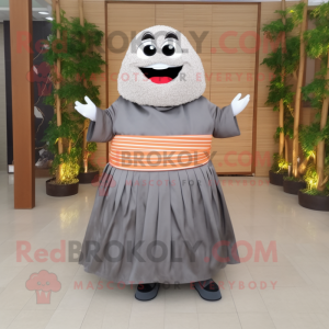 Gray Sushi mascot costume character dressed with a Maxi Skirt and Belts