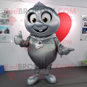 Silver Heart mascot costume character dressed with a Hoodie and Tie pins
