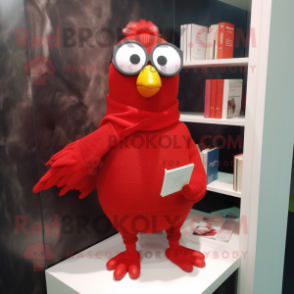 Red Dove mascot costume character dressed with a Cardigan and Reading glasses