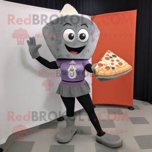 Gray Pizza Slice mascot costume character dressed with a Yoga Pants and Mittens