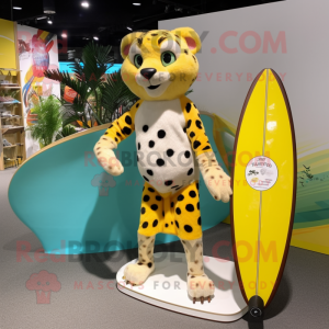 Lemon Yellow Cheetah mascot costume character dressed with a Board Shorts and Hair clips