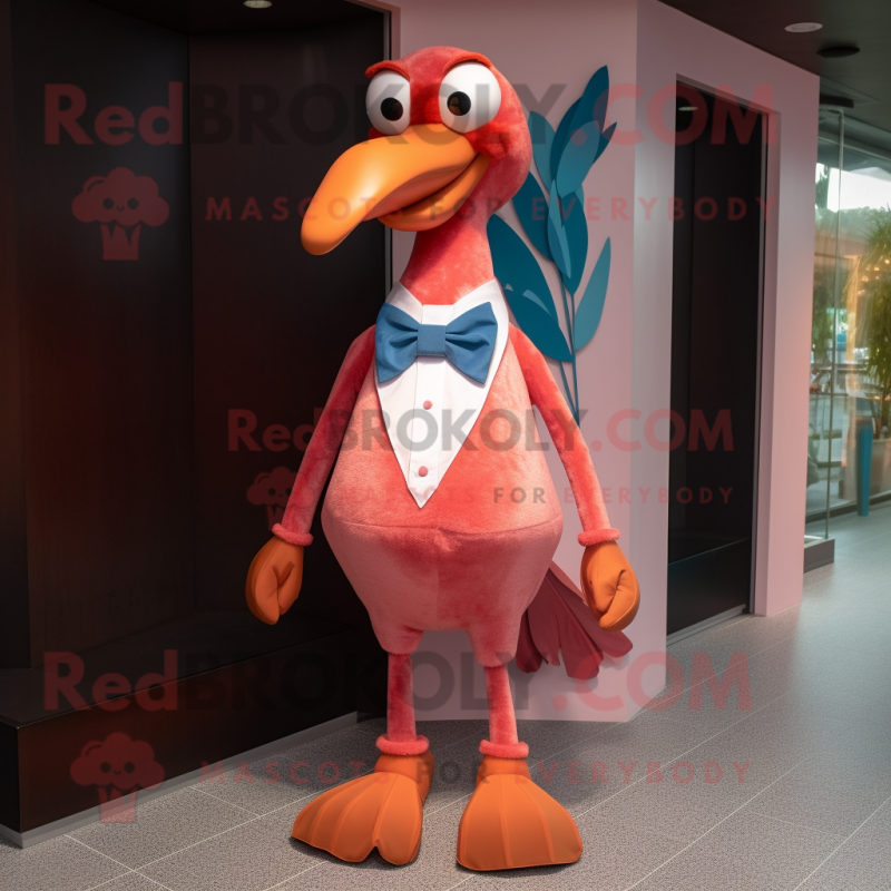 Rust Flamingo mascot costume character dressed with a Dress and Bow ties