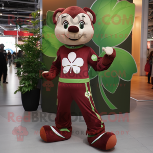 Maroon Four Leaf Clover mascot costume character dressed with a Joggers and Rings