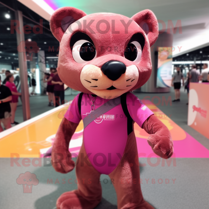 Pink Jaguarundi mascot costume character dressed with a Shorts and Headbands