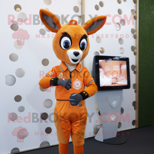 Orange Roe Deer mascot costume character dressed with a Oxford Shirt and Smartwatches