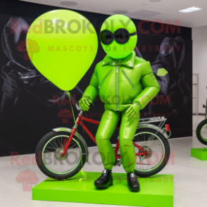 Lime Green Heart Shaped Balloons mascot costume character dressed with a Moto Jacket and Sunglasses