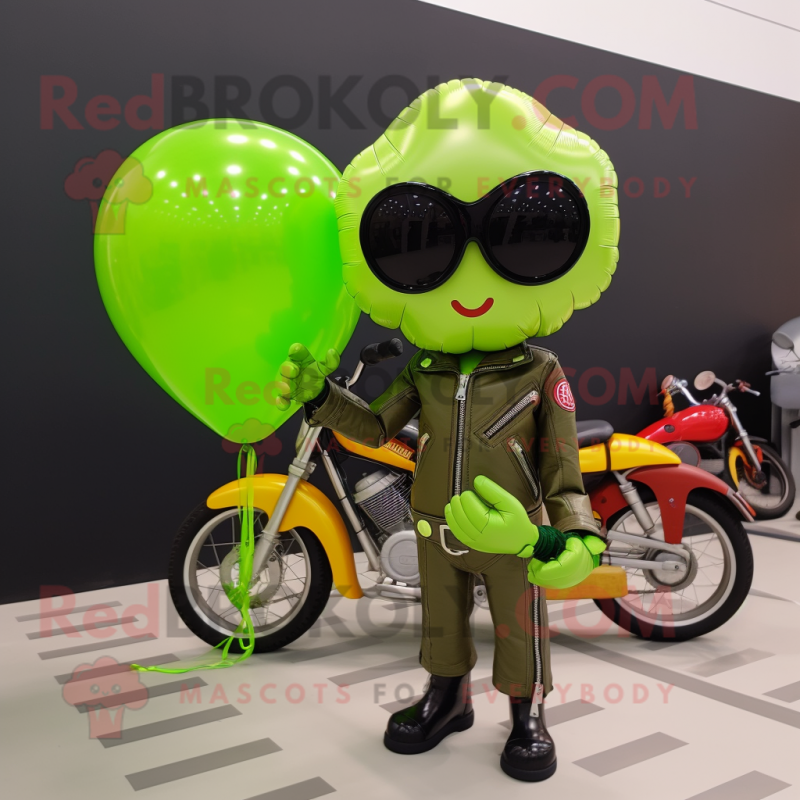 Lime Green Heart Shaped Balloons mascot costume character dressed with a Moto Jacket and Sunglasses