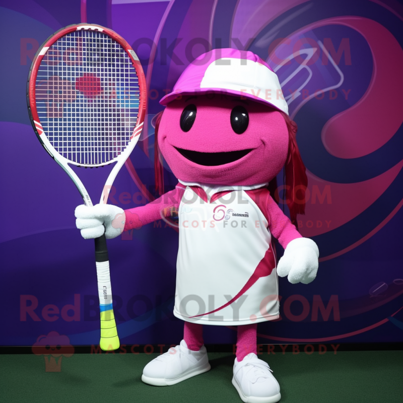 Magenta Tennis Racket mascot costume character dressed with a Long Sleeve Tee and Hat pins