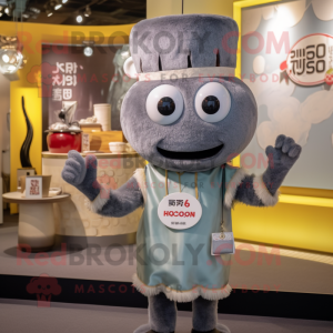 Gray Miso Soup mascot costume character dressed with a Romper and Necklaces