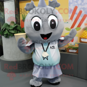Gray Miso Soup mascot costume character dressed with a Romper and Necklaces