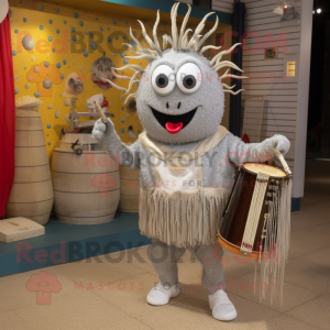 Silver Paella mascot costume character dressed with a Corduroy Pants and Necklaces